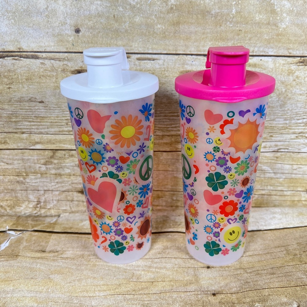 TUPPERWARE Tumblers with FLIP TOP LIDS Retro Floral 16 oz Cups SET OF 2